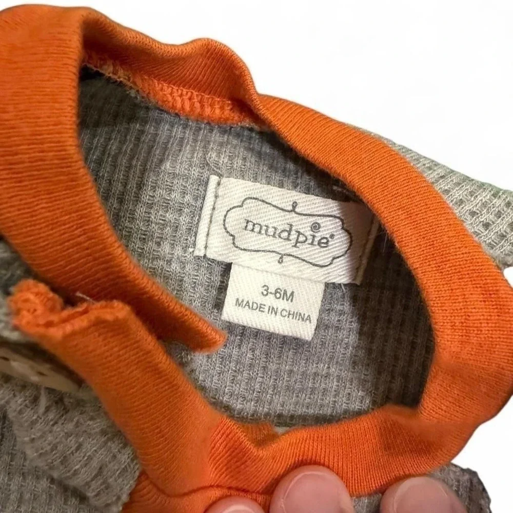 Mud Pie Baby Boys Pumpkin Waffle Knit Romper Gray Orange Striped Fall 3-6 Months